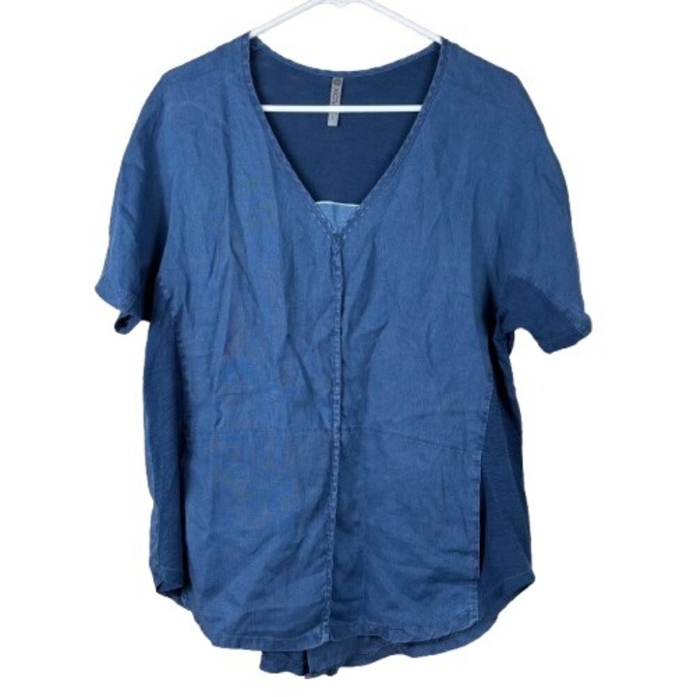 XCVI Blue Linen V-Neck Short Sleeve Split Back Top Size L Coastal Cottagecore